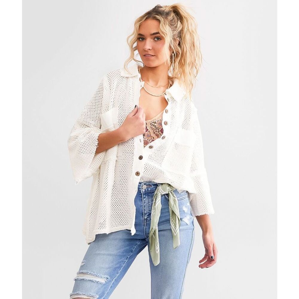 Free People Cream Crochet Button-Up Shirt